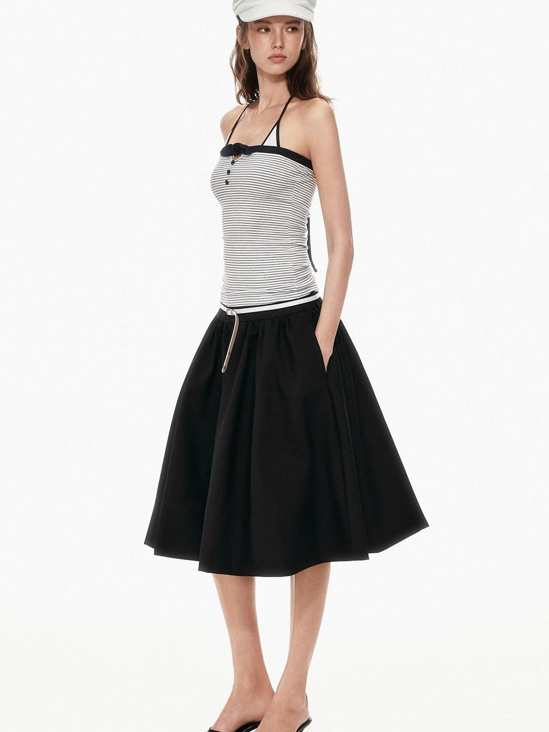 STRIKE A POSE Black White Contrast Stripe Faux Layered Slim Cinched Waist Women&