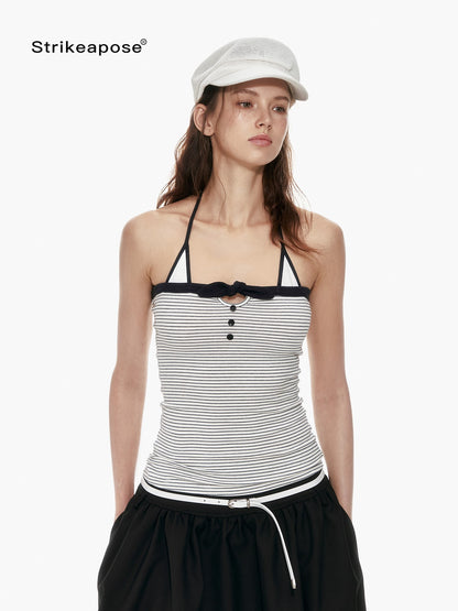 STRIKE A POSE Black White Contrast Stripe Faux Layered Slim Cinched Waist Women&