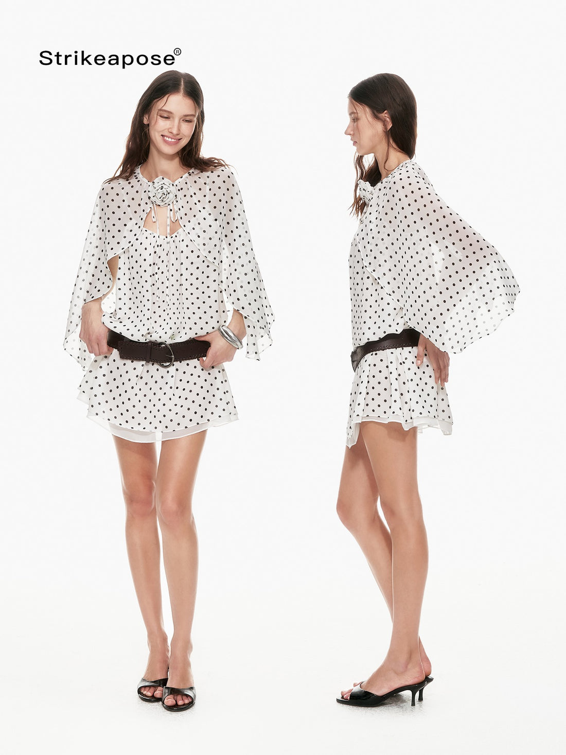 STRIKE A POSE Black White Polka Dot Cinched Tie Neck 3 4 Sleeve Women&