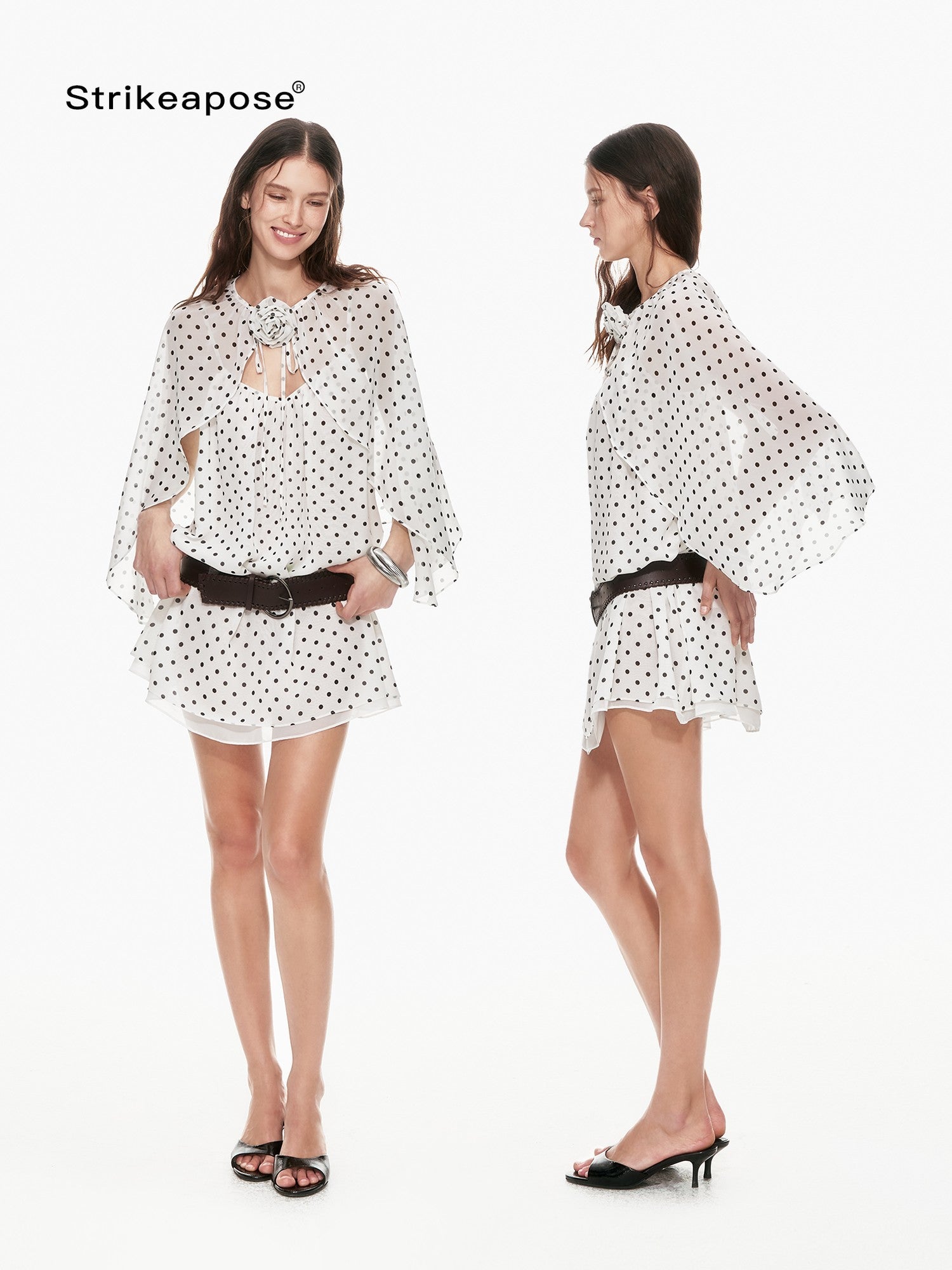STRIKE A POSE Black White Polka Dot Cinched Tie Neck 3 4 Sleeve Women&