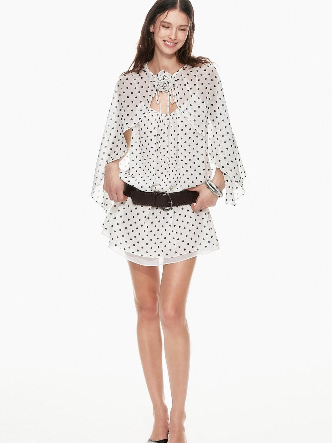 STRIKE A POSE Black White Polka Dot Cinched Tie Neck 3 4 Sleeve Women&