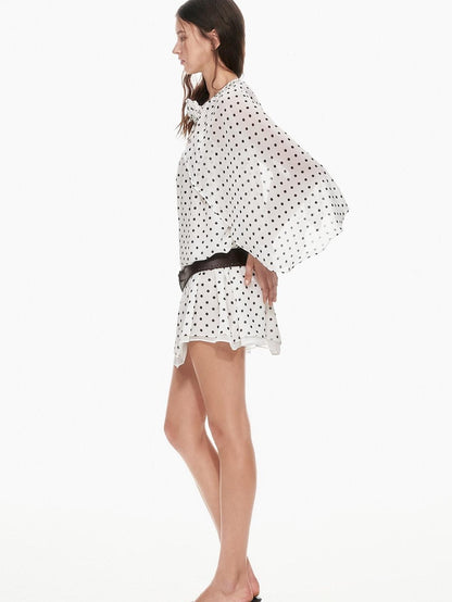 STRIKE A POSE Black White Polka Dot Cinched Tie Neck 3 4 Sleeve Women&