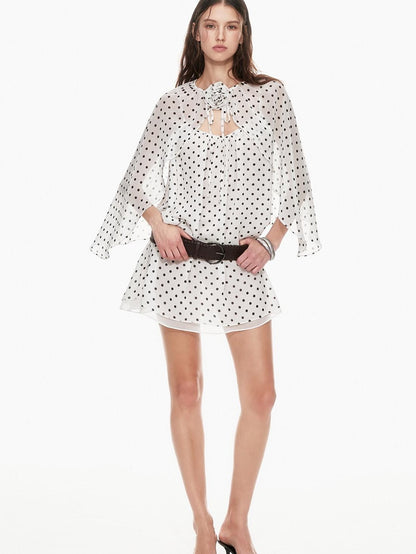STRIKE A POSE Black White Polka Dot Cinched Tie Neck 3 4 Sleeve Women&