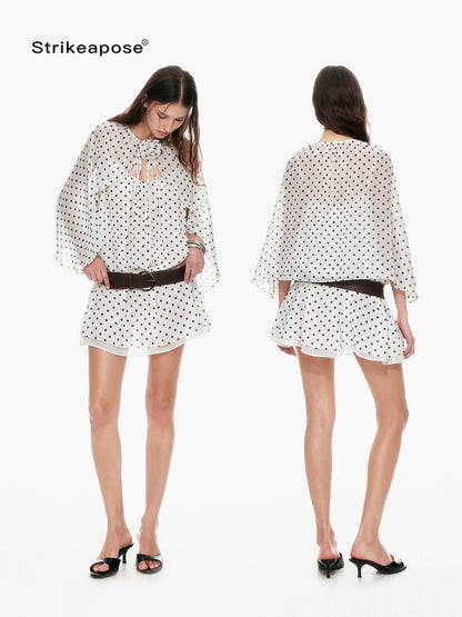 STRIKE A POSE Black White Polka Dot Cinched Tie Neck 3 4 Sleeve Women&