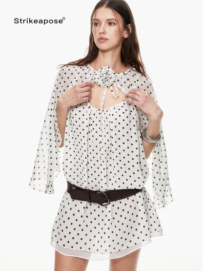 STRIKE A POSE Black White Polka Dot Cinched Tie Neck 3 4 Sleeve Women&