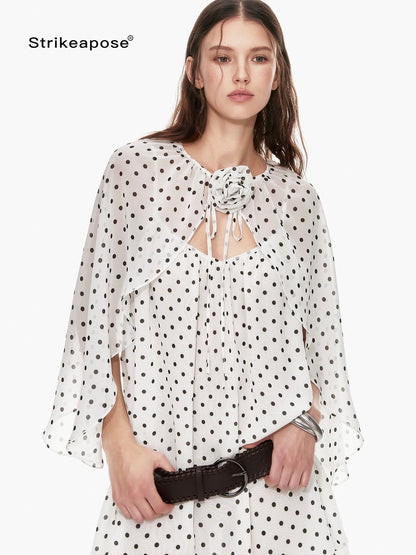 STRIKE A POSE Black White Polka Dot Cinched Tie Neck 3 4 Sleeve Women&