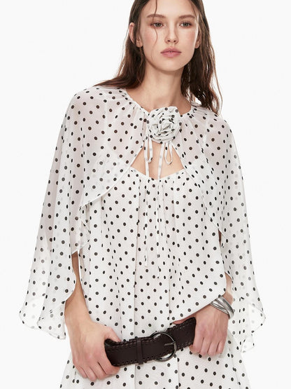 STRIKE A POSE Black White Polka Dot Cinched Tie Neck 3 4 Sleeve Women&