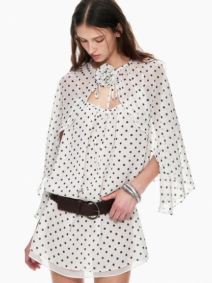 STRIKE A POSE Black White Polka Dot Cinched Tie Neck 3 4 Sleeve Women&