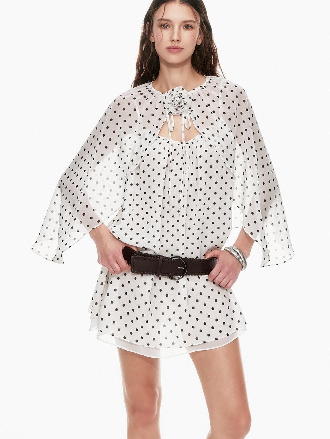 STRIKE A POSE Black White Polka Dot Cinched Tie Neck 3 4 Sleeve Women&