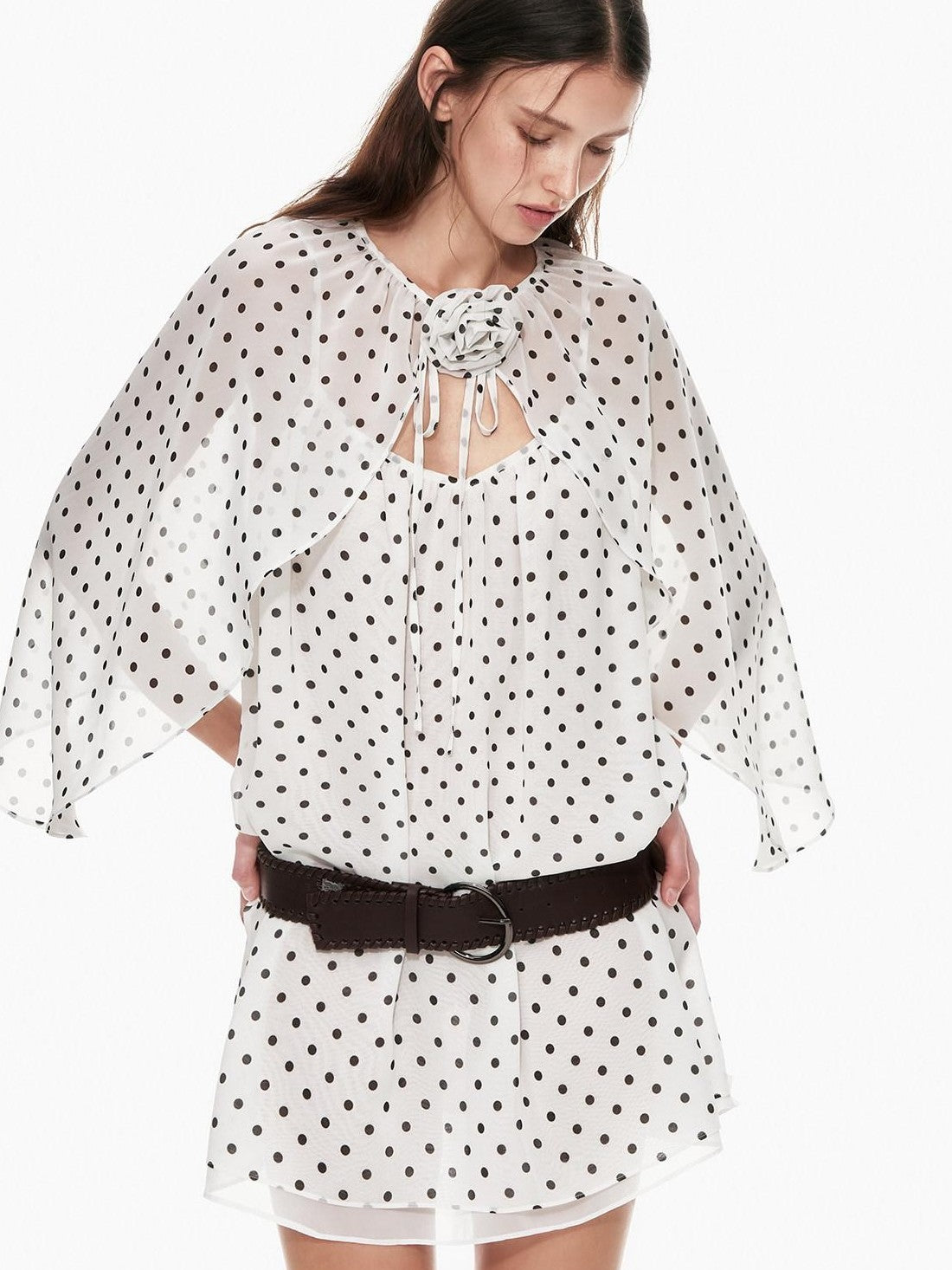 STRIKE A POSE Black White Polka Dot Cinched Tie Neck 3 4 Sleeve Women&