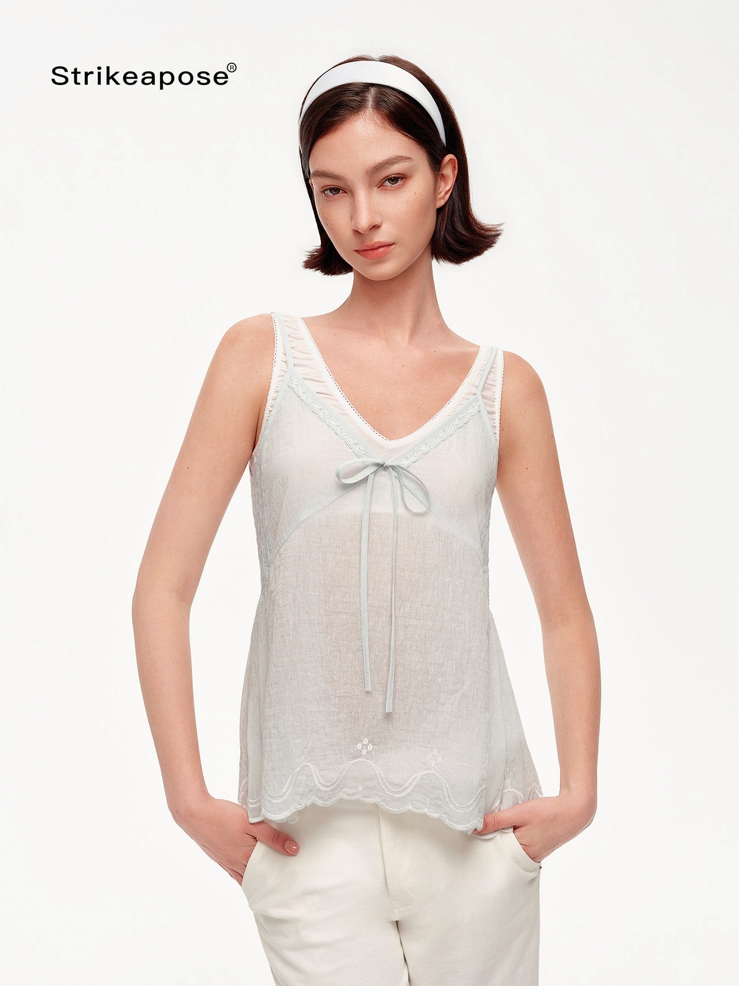 STRIKE A POSE Blue V-neck Lace Trim Textured Loose A Line Women&