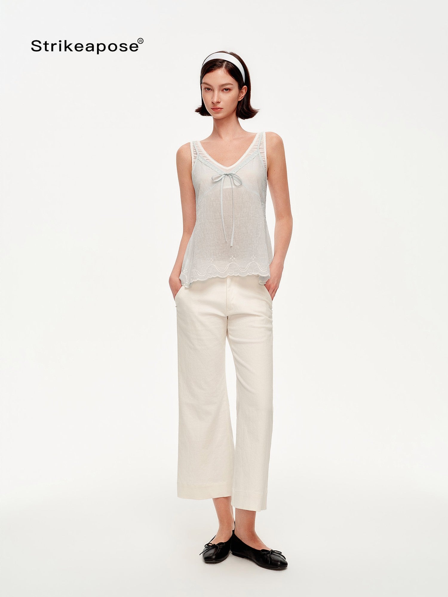 STRIKE A POSE Blue V-neck Lace Trim Textured Loose A Line Women&