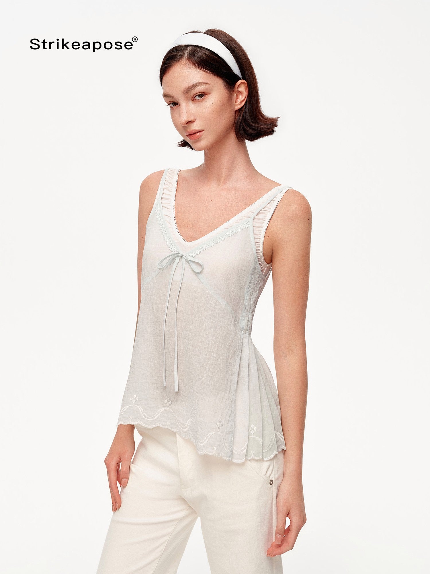 STRIKE A POSE Blue V-neck Lace Trim Textured Loose A Line Women&