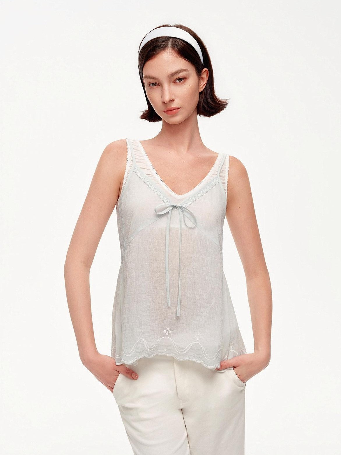 STRIKE A POSE Blue V-neck Lace Trim Textured Loose A Line Women&