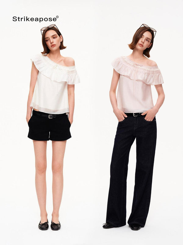Blush Pink Ruffle Lace Diagonal Women's Lyocell Off-shoulder T-shirts