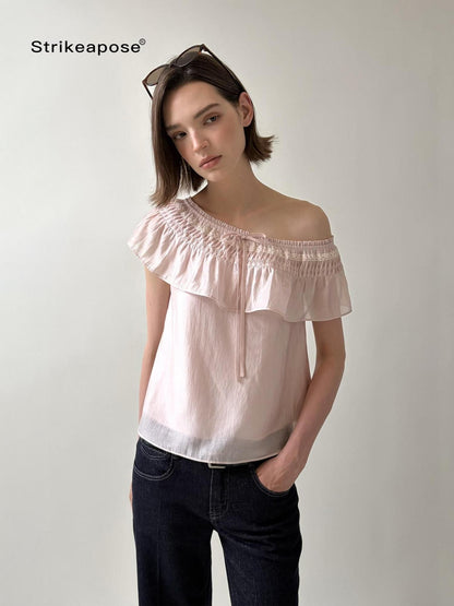 STRIKE A POSE Blush Pink Ruffle Lace Diagonal Women&