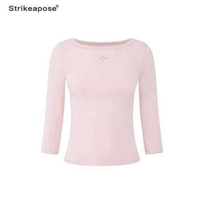 STRIKE_A_POSE_Boat_Neck_Lace_Trim_Solid_Color_Slim_Fit_Cotton_Women&