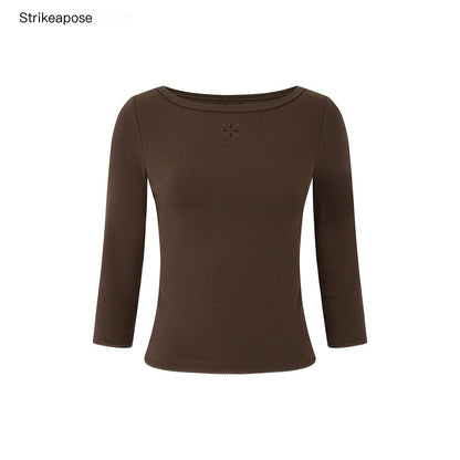 STRIKE_A_POSE_Boat_Neck_Lace_Trim_Solid_Color_Slim_Fit_Cotton_Women&