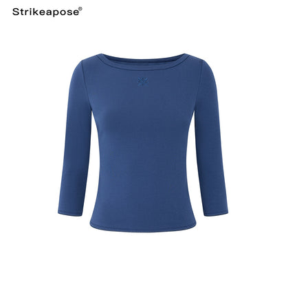 STRIKE_A_POSE_Boat_Neck_Lace_Trim_Solid_Color_Slim_Fit_Cotton_Women&