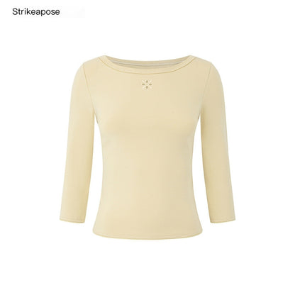 STRIKE_A_POSE_Boat_Neck_Lace_Trim_Solid_Color_Slim_Fit_Cotton_Women&