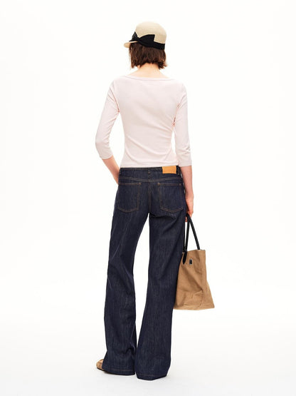STRIKE A POSE Boat Neck Lace Trim Solid Color Slim Fit Cotton Women&