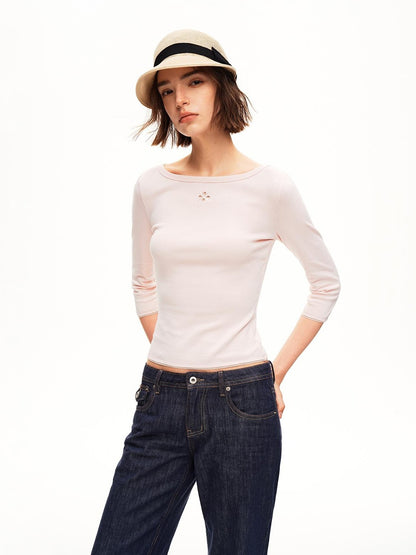 STRIKE A POSE Boat Neck Lace Trim Solid Color Slim Fit Cotton Women&