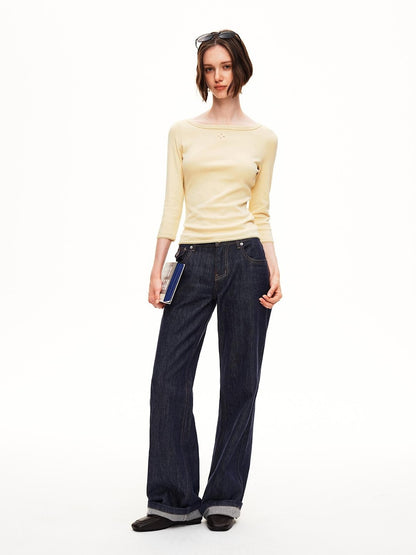 STRIKE A POSE Boat Neck Lace Trim Solid Color Slim Fit Cotton Women&