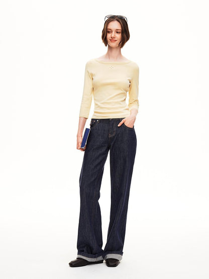 STRIKE A POSE Boat Neck Lace Trim Solid Color Slim Fit Cotton Women&