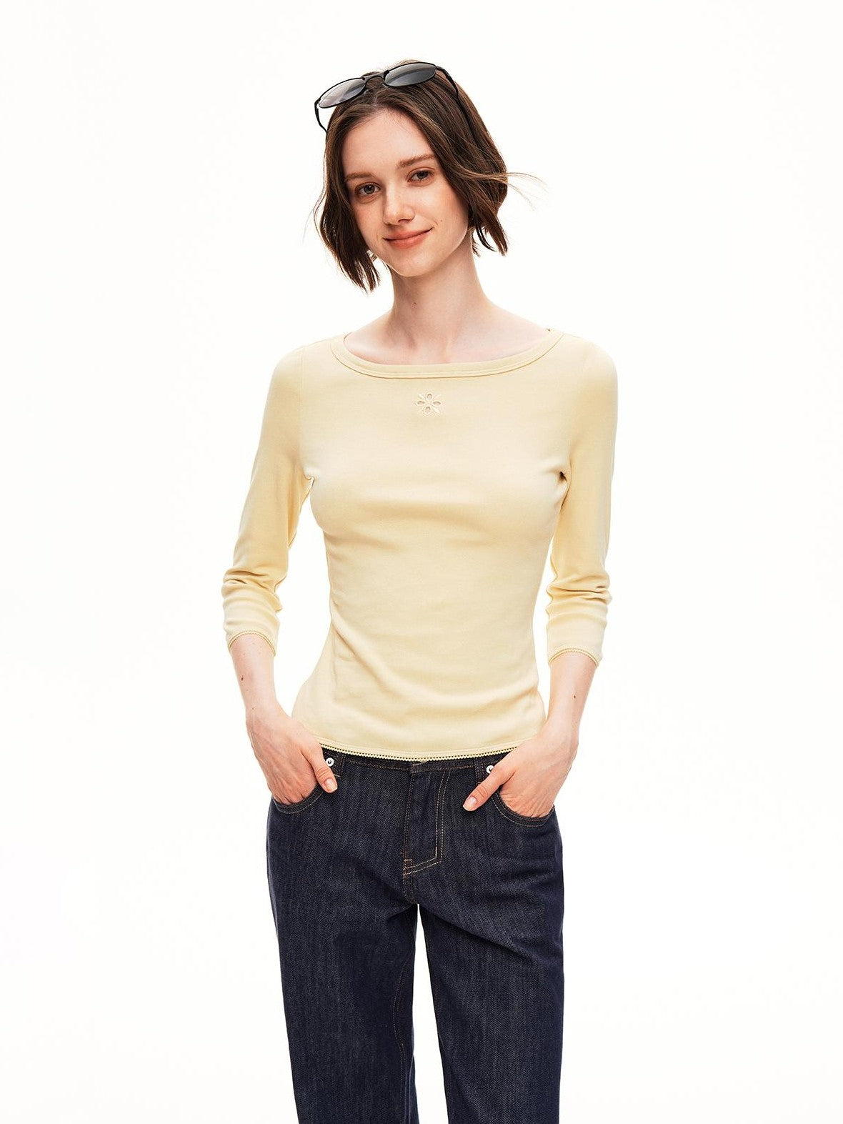 STRIKE A POSE Boat Neck Lace Trim Solid Color Slim Fit Cotton Women&