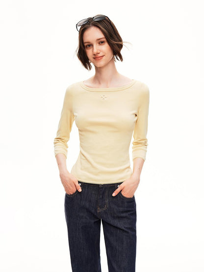 STRIKE A POSE Boat Neck Lace Trim Solid Color Slim Fit Cotton Women&