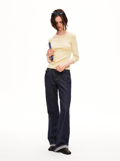 STRIKE A POSE Boat Neck Lace Trim Solid Color Slim Fit Cotton Women&