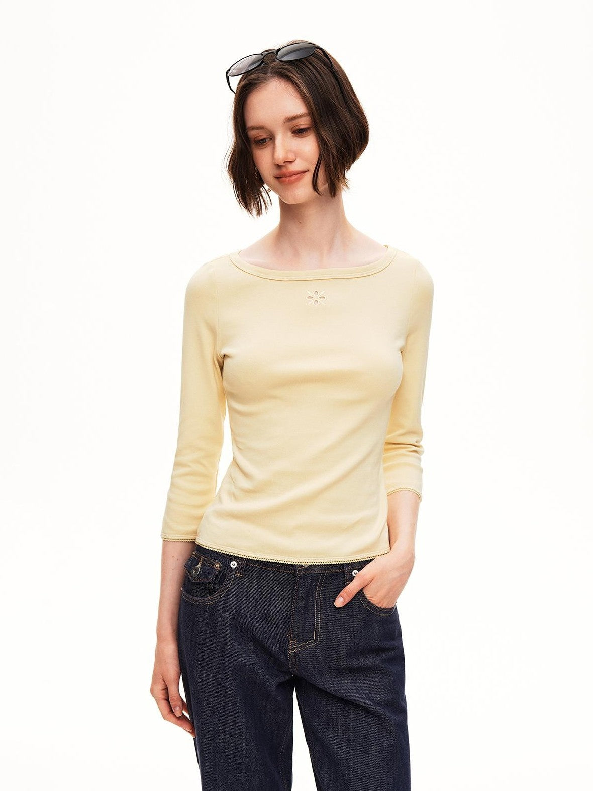 STRIKE A POSE Boat Neck Lace Trim Solid Color Slim Fit Cotton Women&