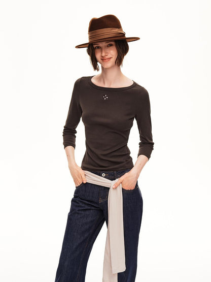 STRIKE A POSE Boat Neck Lace Trim Solid Color Slim Fit Cotton Women&