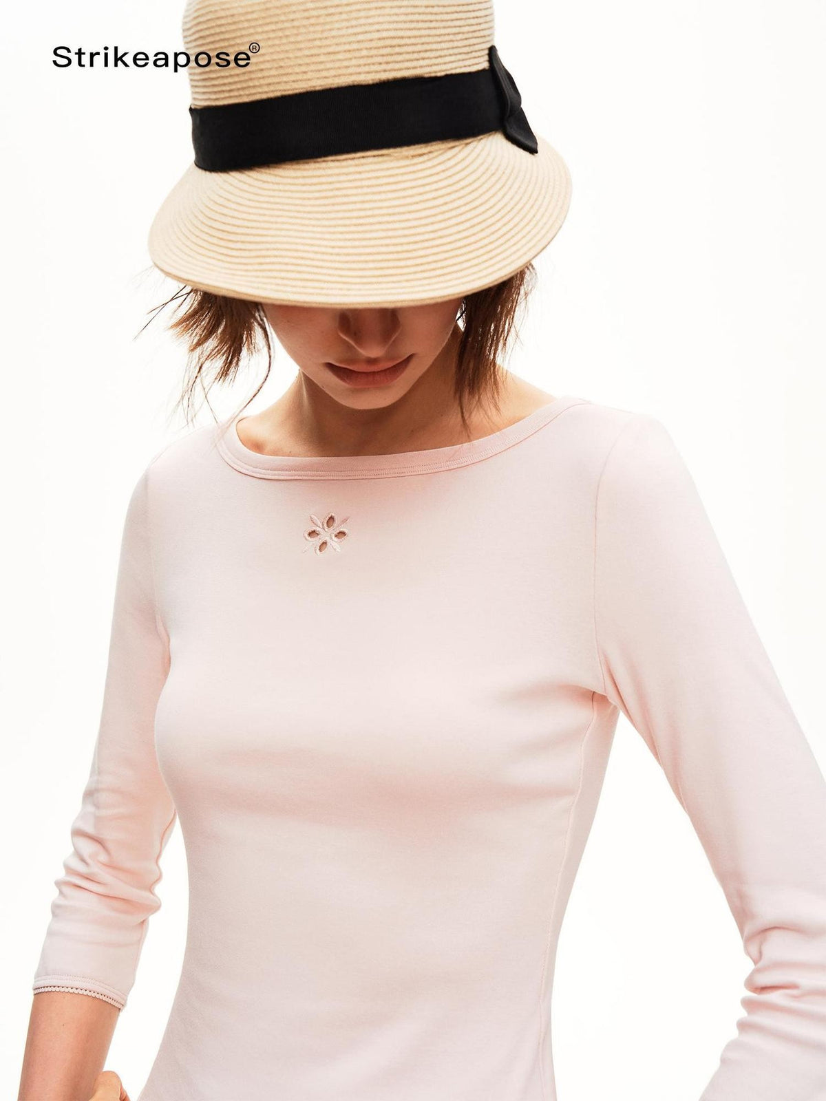STRIKE A POSE Boat Neck Lace Trim Solid Color Slim Fit Cotton Women&