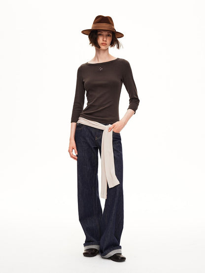 STRIKE A POSE Boat Neck Lace Trim Solid Color Slim Fit Cotton Women&