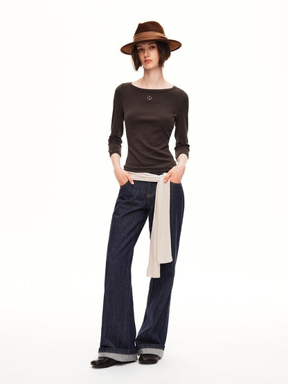 STRIKE A POSE Boat Neck Lace Trim Solid Color Slim Fit Cotton Women&