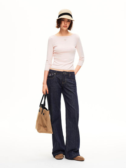 STRIKE A POSE Boat Neck Lace Trim Solid Color Slim Fit Cotton Women&