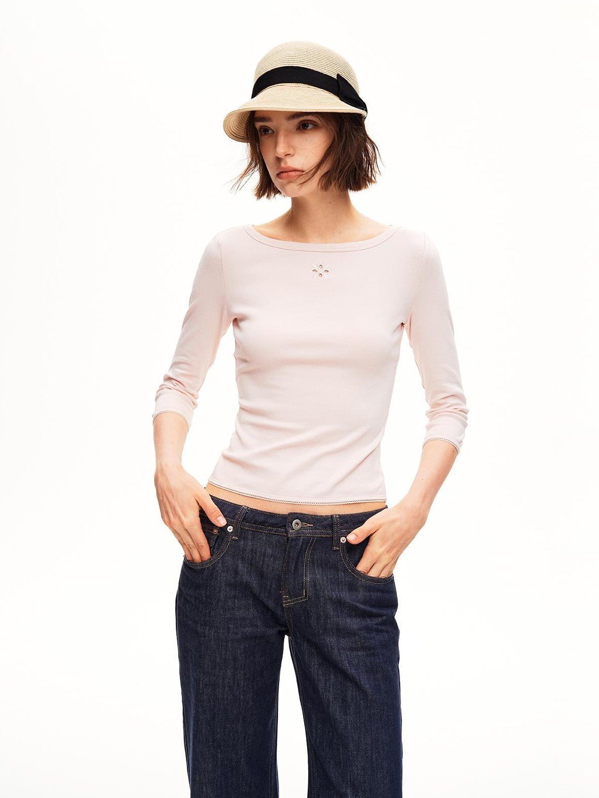 STRIKE A POSE Boat Neck Lace Trim Solid Color Slim Fit Cotton Women&