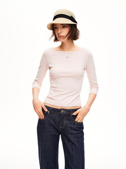 STRIKE A POSE Boat Neck Lace Trim Solid Color Slim Fit Cotton Women&