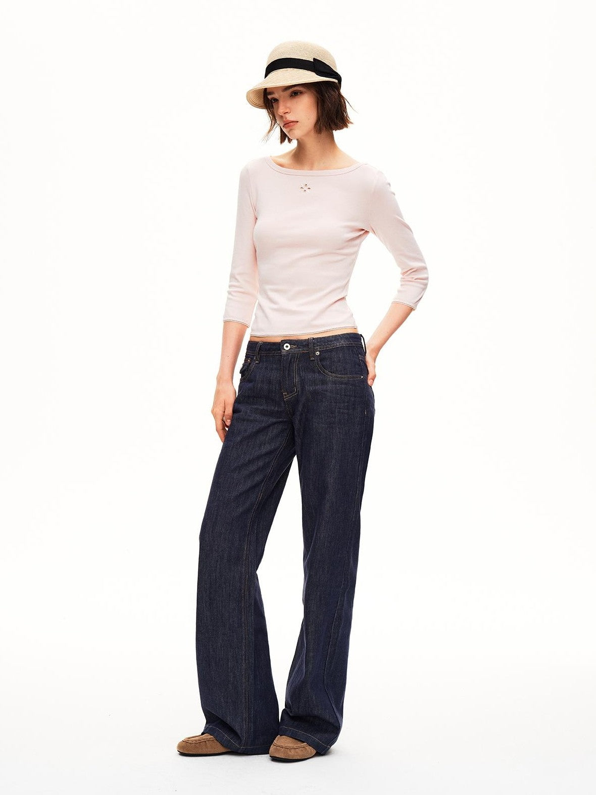 STRIKE A POSE Boat Neck Lace Trim Solid Color Slim Fit Cotton Women&