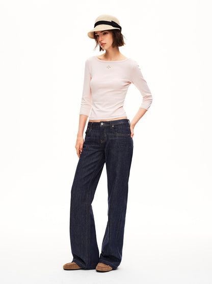 STRIKE A POSE Boat Neck Lace Trim Solid Color Slim Fit Cotton Women&