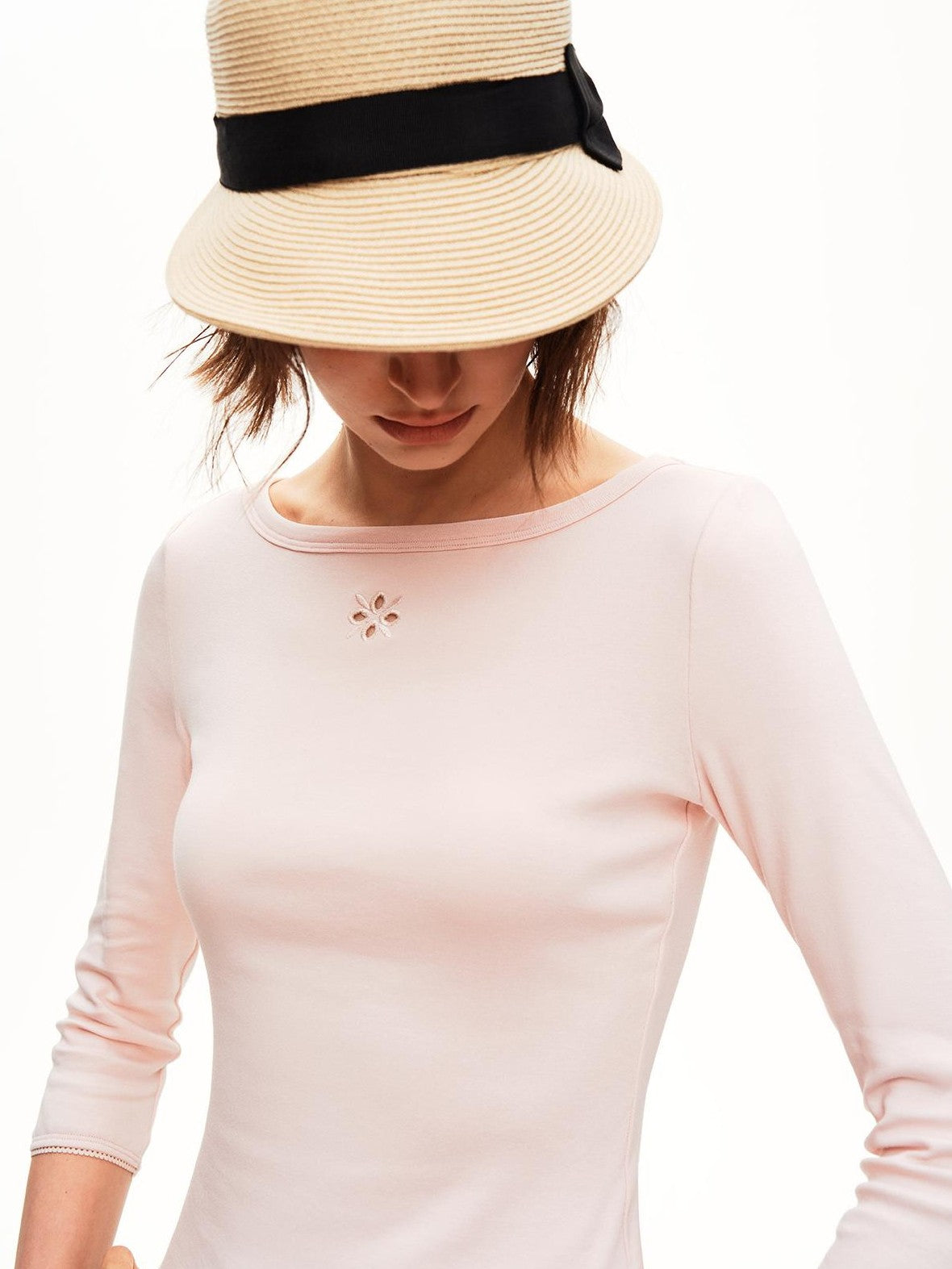 STRIKE A POSE Boat Neck Lace Trim Solid Color Slim Fit Cotton Women&