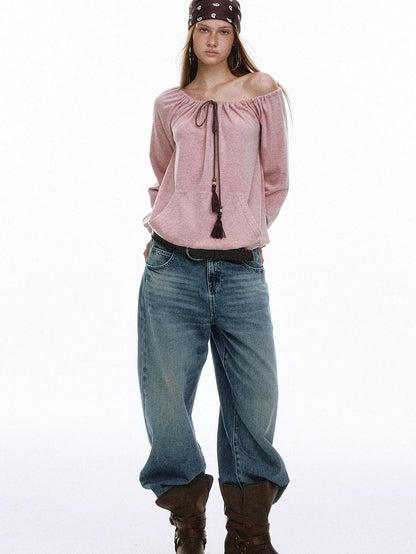STRIKE A POSE Bohemian Off Shoulder Drawstring Tassel Loose Women&