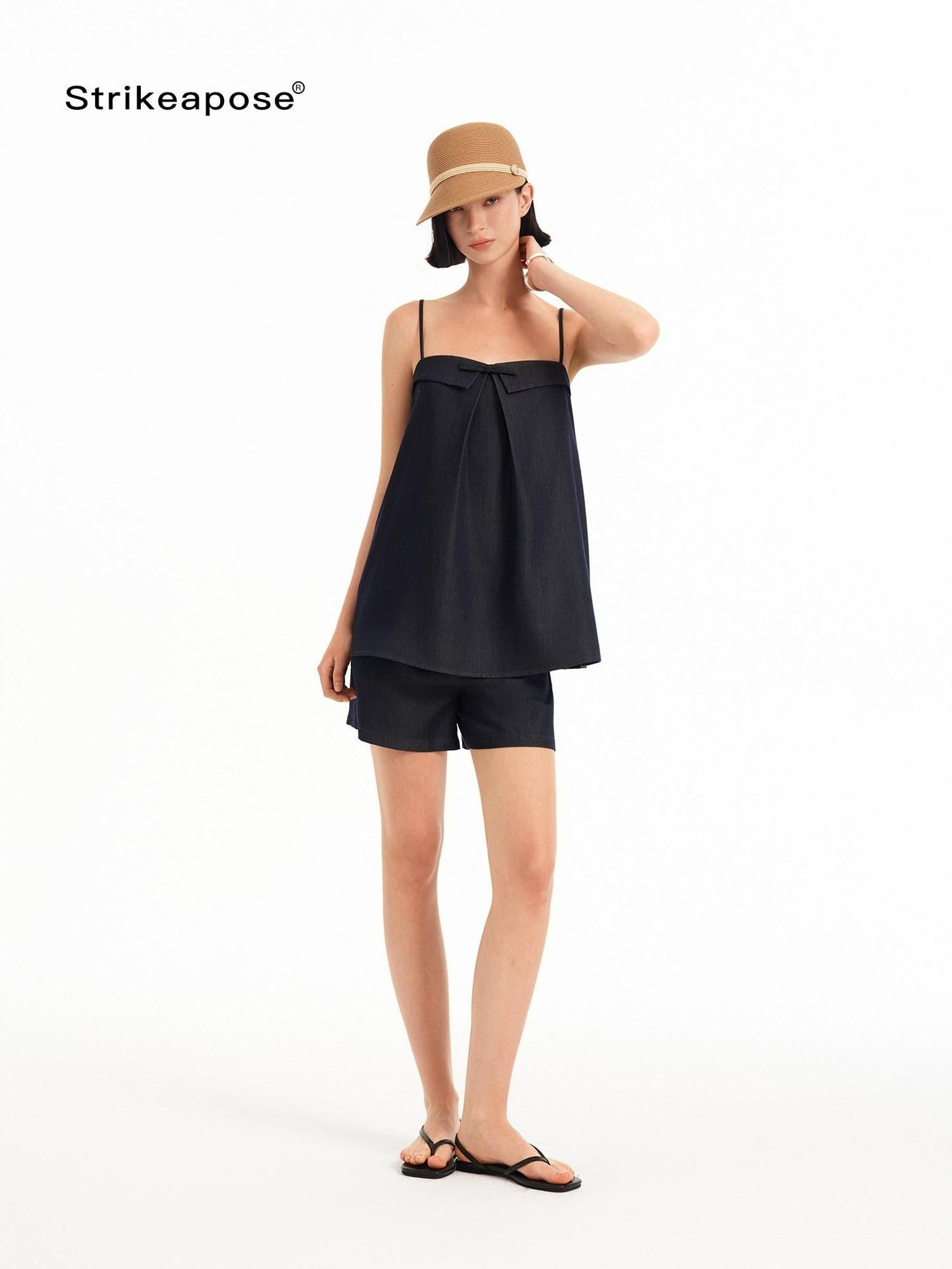 STRIKE A POSE Bow Aline Camisole Loose Shorts Women&
