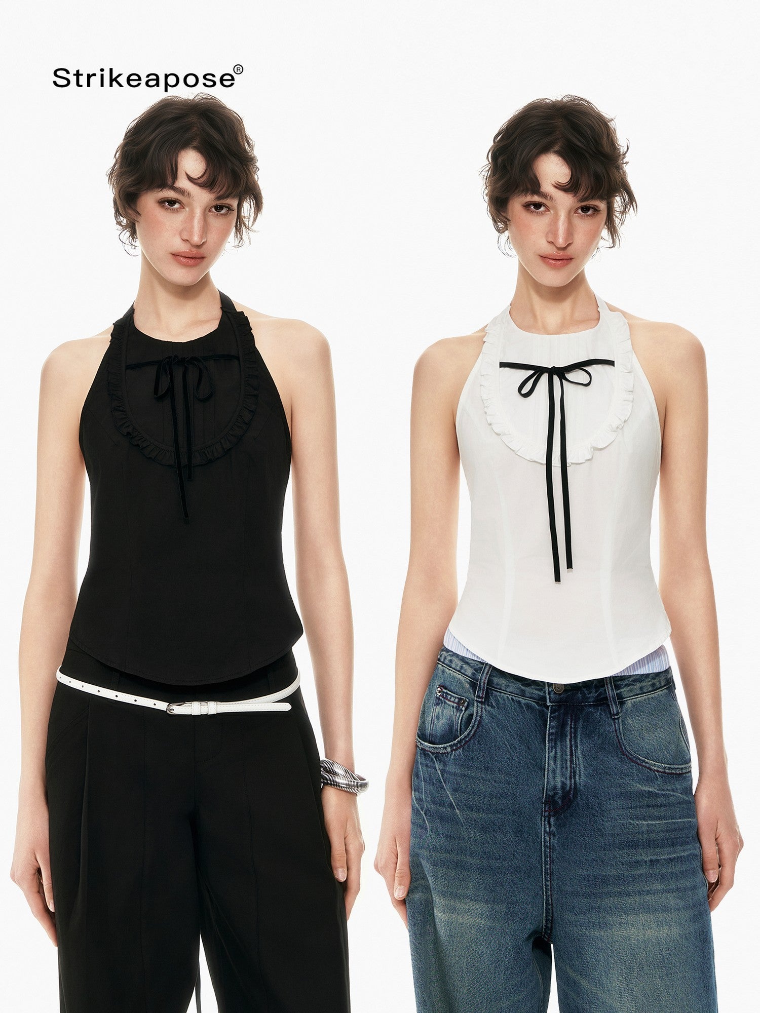STRIKE A POSE Bow Tie Tucked Backless Cropped Slim Waist Women&