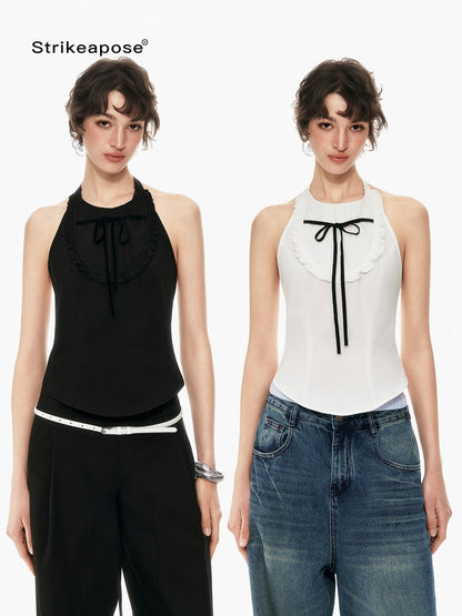 STRIKE A POSE Bow Tie Tucked Backless Cropped Slim Waist Women&