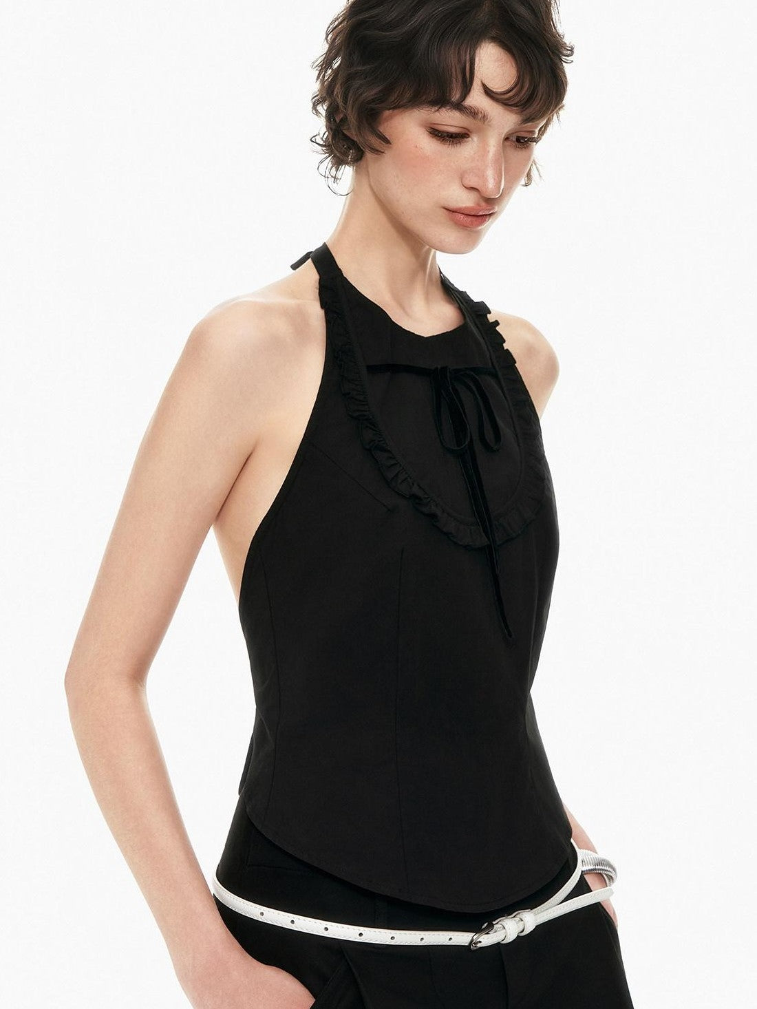 STRIKE A POSE Bow Tie Tucked Backless Cropped Slim Waist Women&