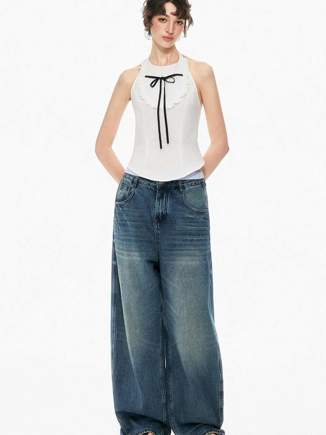 STRIKE A POSE Bow Tie Tucked Backless Cropped Slim Waist Women&