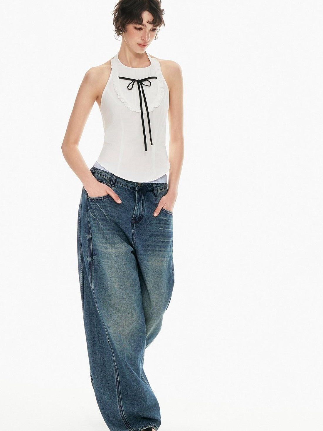 STRIKE A POSE Bow Tie Tucked Backless Cropped Slim Waist Women&