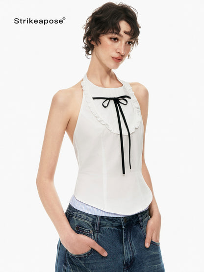 STRIKE A POSE Bow Tie Tucked Backless Cropped Slim Waist Women&